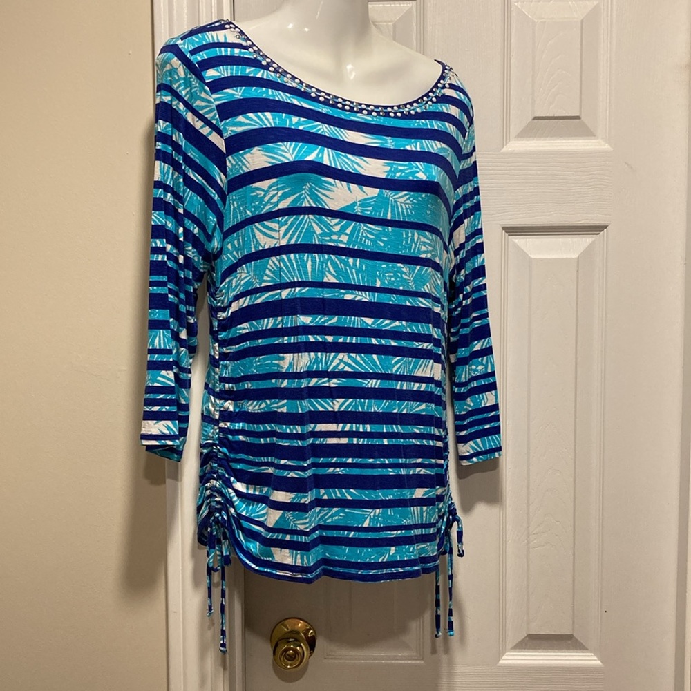 Ruby Rd. Boat Neck Chrome White Studded Top & Ruched Side String Design - Sz M